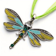 Crystal Dragonfly Ribbon Pendant Necklace For Women