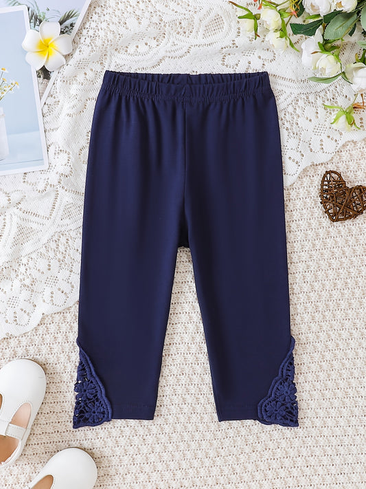 Girls Stretch Soft Leggings Lace Patchwork Elastic Waist Cropped Pants