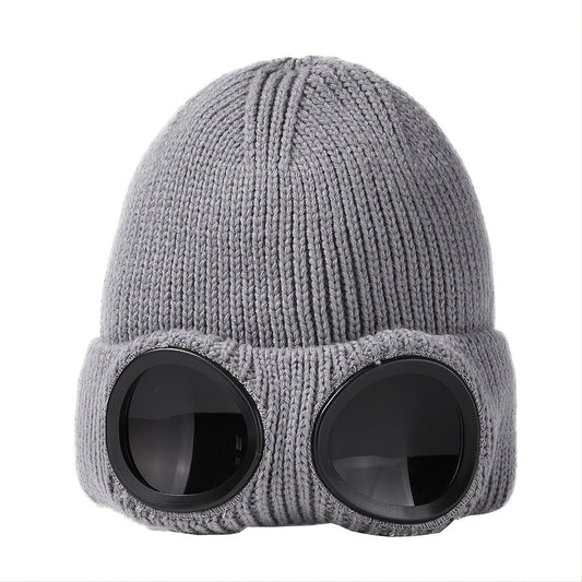 Warm Knitted Beanie Hat with Ski Goggles for Winter Outdoor Activities