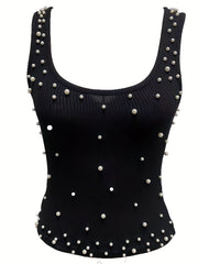 Beaded Crew Neck Tank Top Sexy Sleeveless Summer Women's Clothing