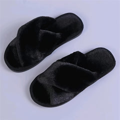 Women's Plush Criss Cross House Slippers Warm Fuzzy Fluffy Open Toe Home Slides