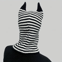 Unisex Halloween Striped Knit Hat With Horns For Warmth