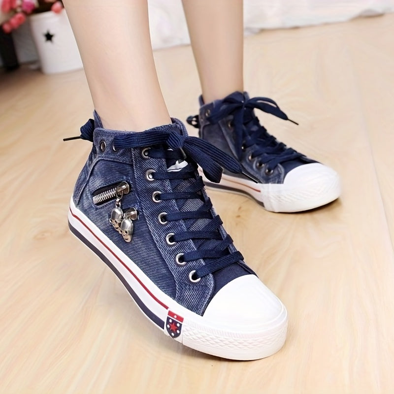 Skull Zipper High Top Canvas Sneakers Lace Up Skate Shoes