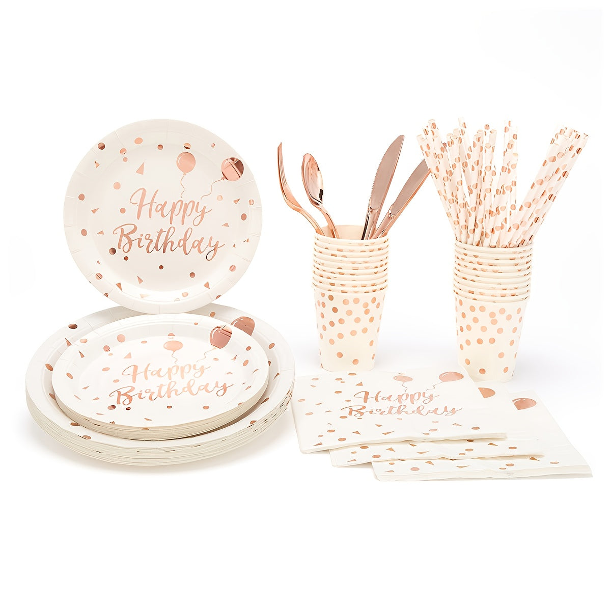 25pcs Happy Birthday Tableware Rose Golden Paper Plates Napkins