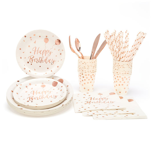 25pcs Happy Birthday Tableware Rose Golden Paper Plates Napkins