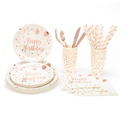 25pcs Happy Birthday Tableware Rose Golden Paper Plates Napkins
