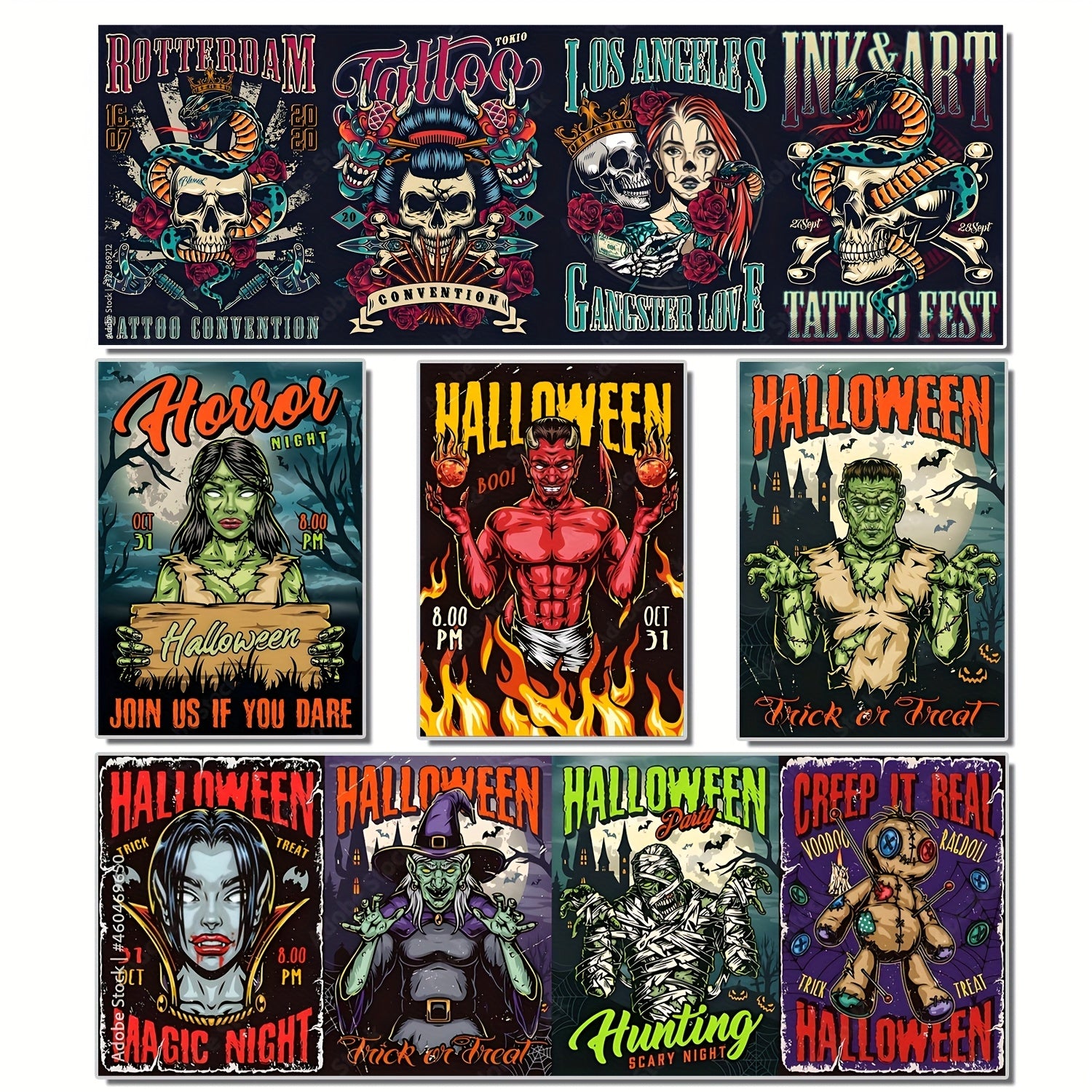 50pcs Horror Themed Stickers Halloween Skull & Spooky Art Self Adhesive Decals