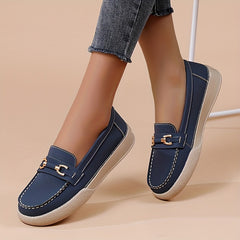 Women's Comfy Flat Loafers with Metallic Buckle Decor