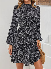 Floral Print Mock Neck Dress Elastic Waist Long Sleeve Mini Dress