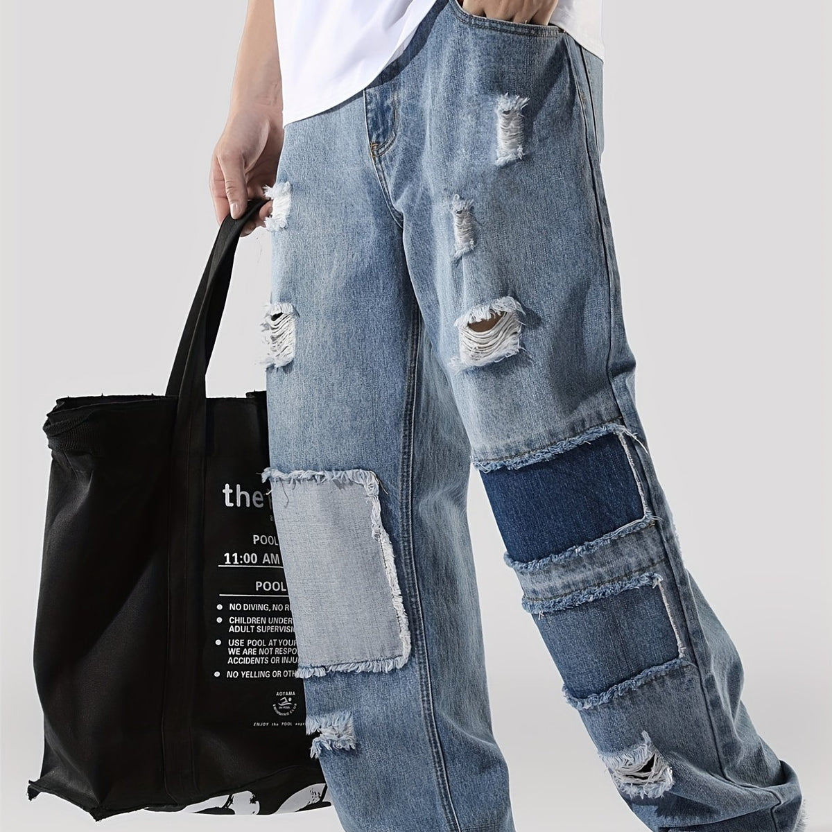 Men's Ripped Jeans Wide Leg Denim Pants