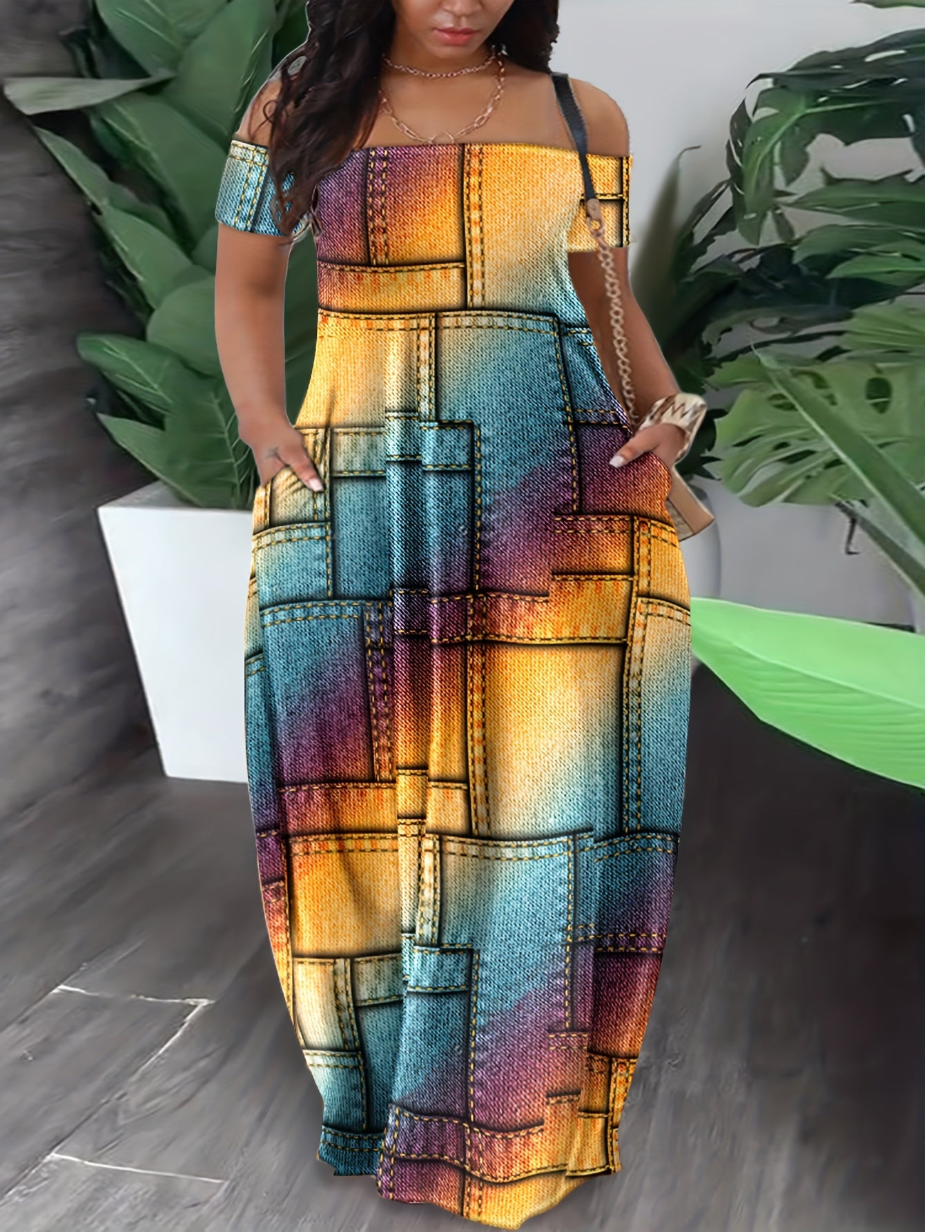 Women's Plus Ombre Denim Off Shoulder Maxi Dress