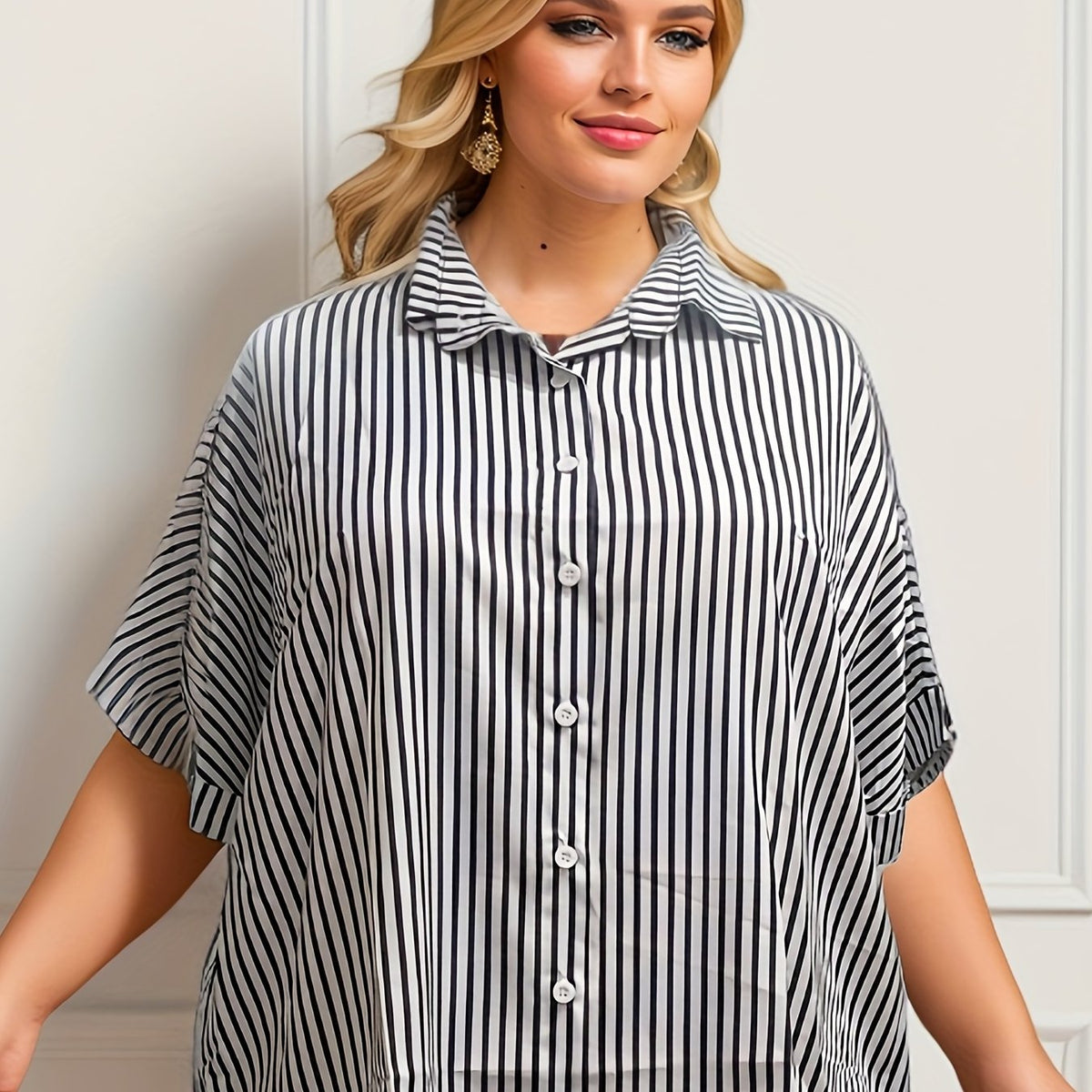  Stripe Print Long Sleeve Blouse