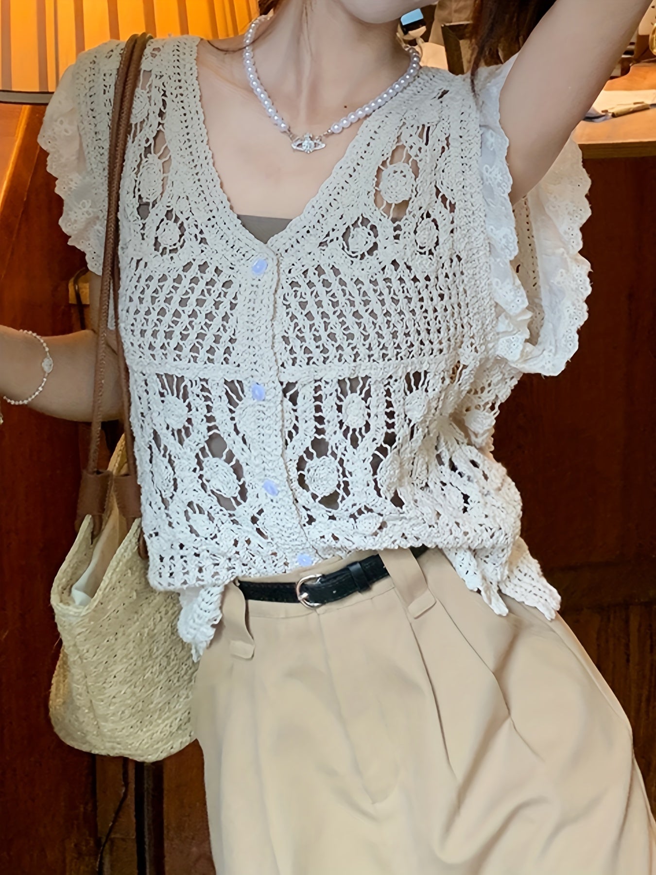 Scallop Trim Knitted Tank Top V Neck Sleeveless Crochet Top