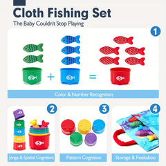 Toddler Cloth Fishing Game Gift 10-in-1 with Stacking Cups Counting Sorting