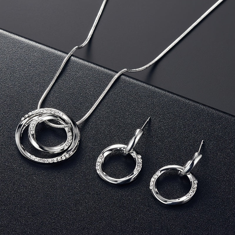 Circle Jewelry Set Inlaid Rhinestones Pendant Necklace & Dangle Earrings