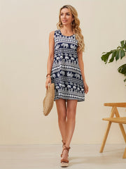  Tribal Print Tank Dress Round Neck Stretch Medium