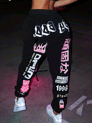  Letter Print High Rise Sweatpants Women's Plus Y2K Slight Stretch