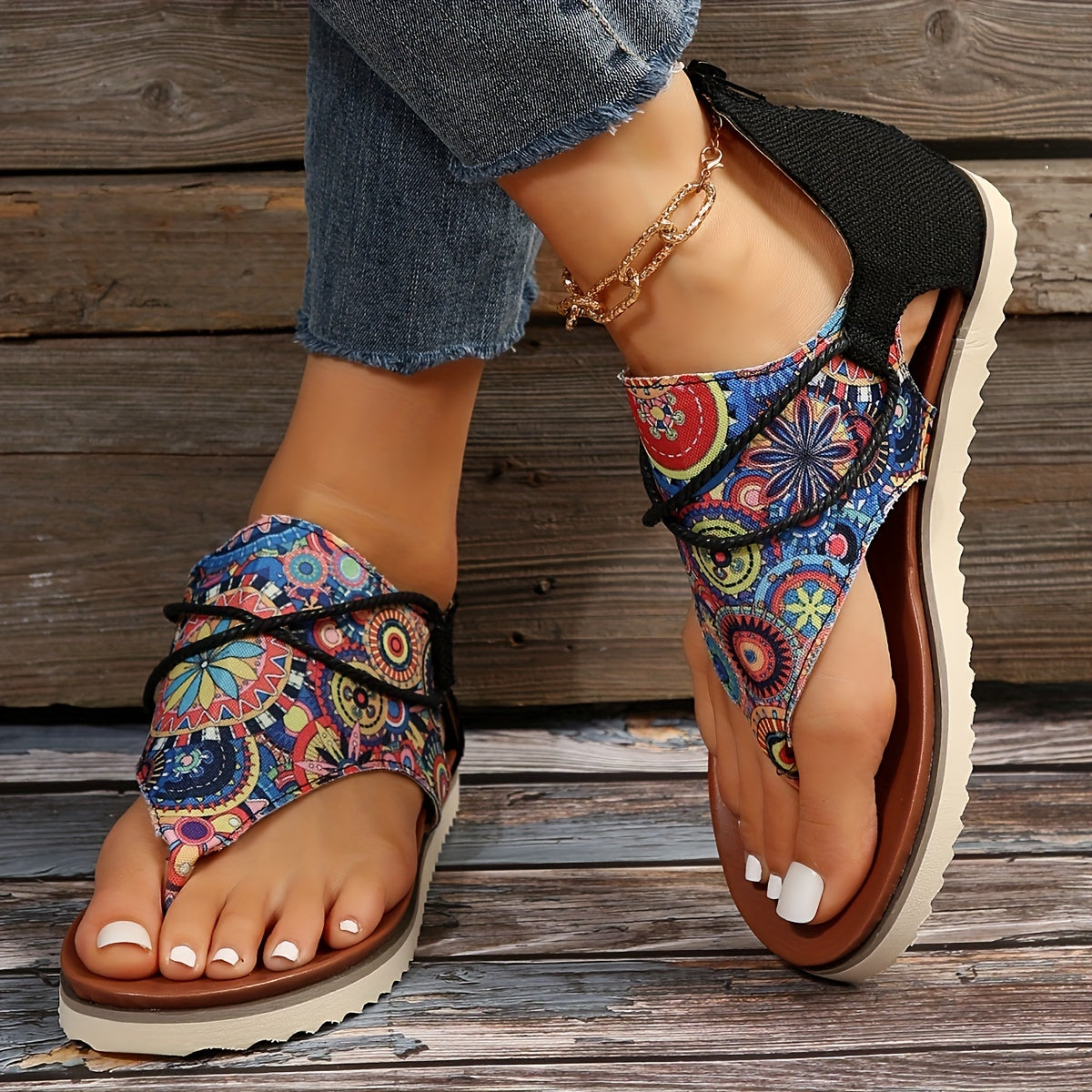 Women's Geometric Pattern Flat Sandals Thick Bottom Gladiator Thong Sandals