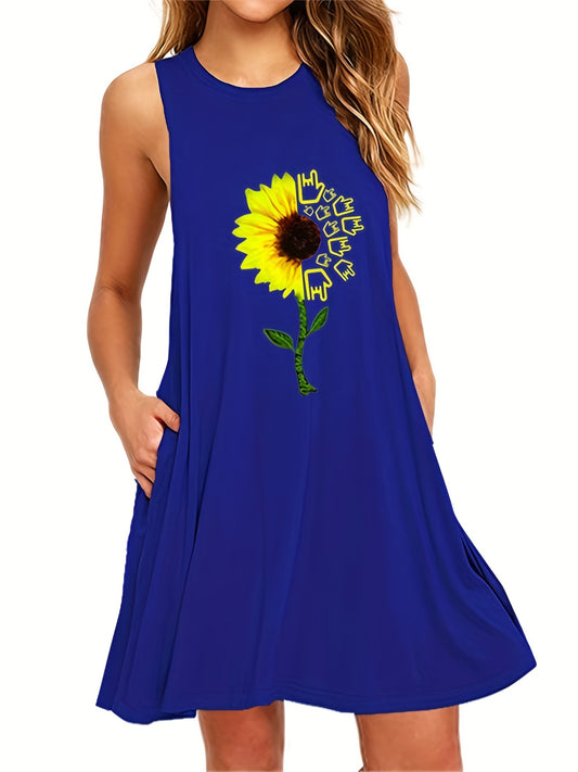  Sunflower Print Tank Dress with Pockets