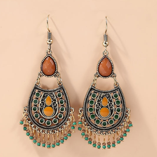 Boho Birthstone Tassel Drop Earrings Silver Plated Vintage Decor