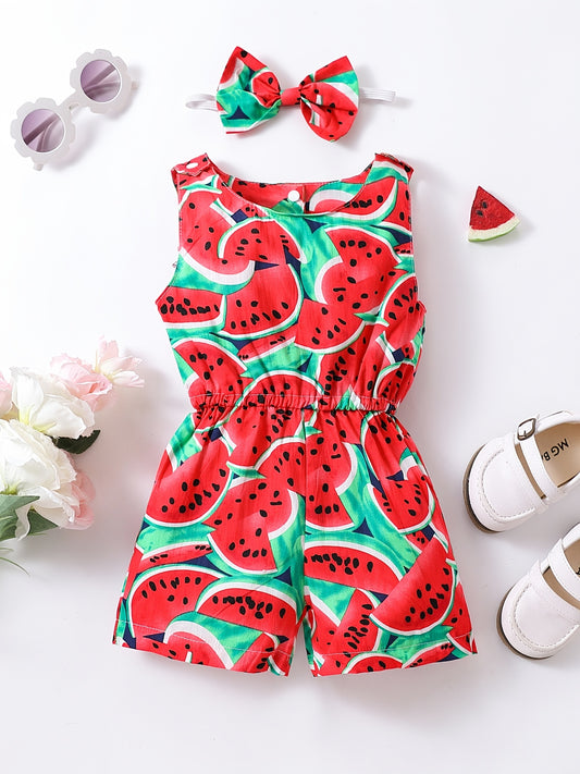 Toddler Girls Watermelon Print Romper Headband Summer Clothes