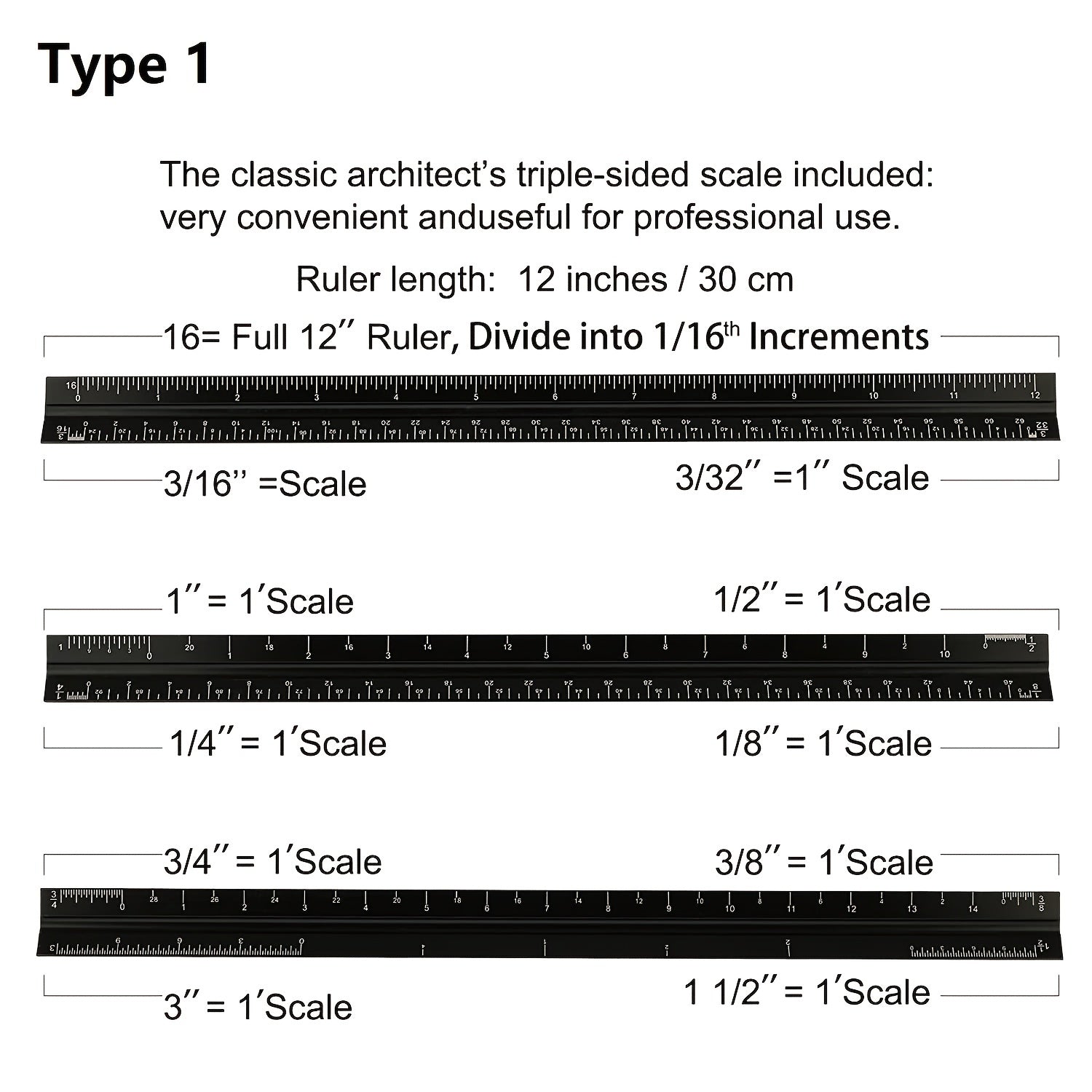 12'' Laser Etched Aluminum Architect Triangular Ruler