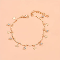 2Pcs Star Tassel Anklet Set Rhinestone Inlaid Chain Bracelet