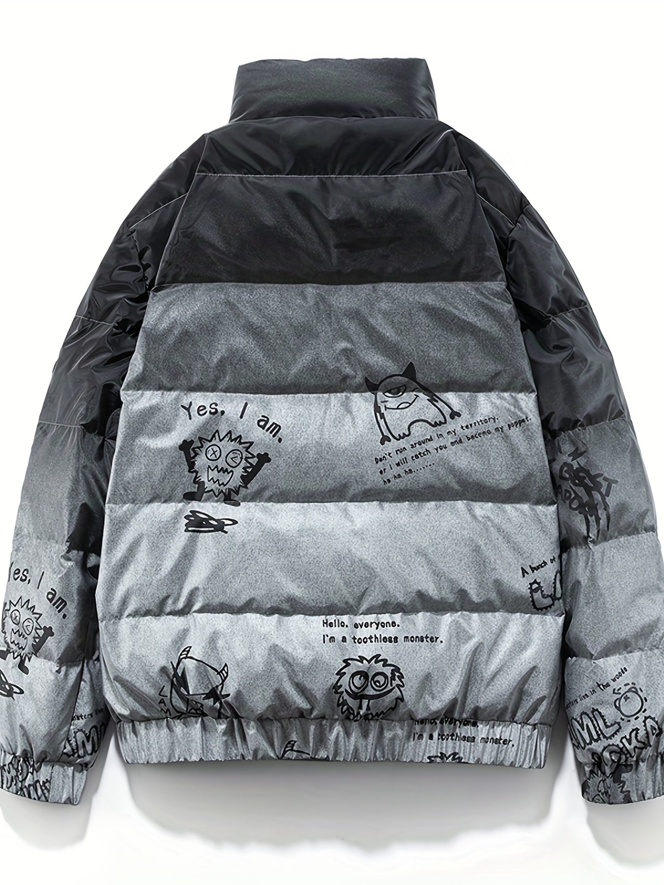 Graffiti Print Puffer Jacket Men's Stand Collar Down Coat