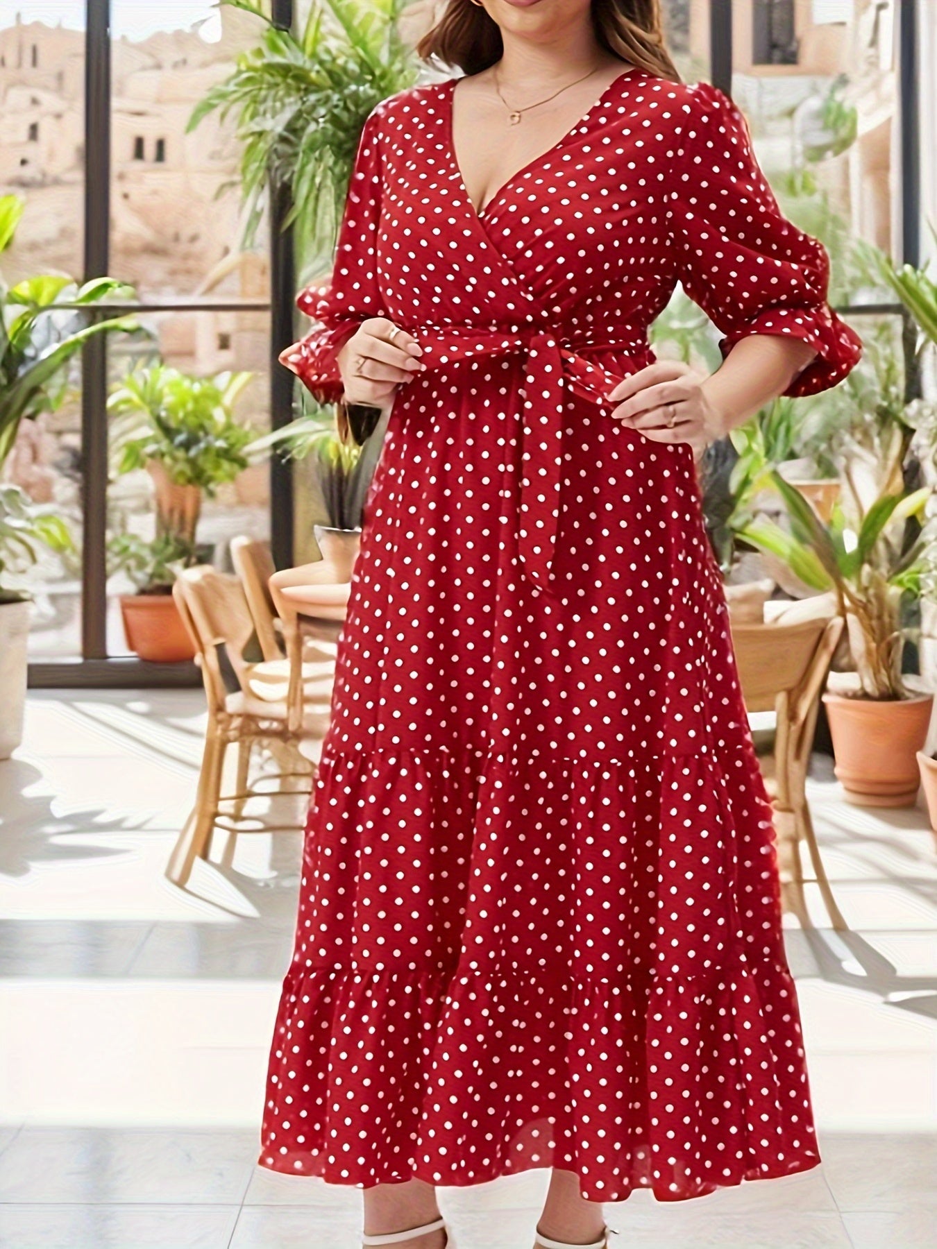 Plus Dot Print Flounce Sleeve Surplice Neck Maxi Dress