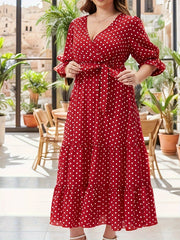 Plus Dot Print Flounce Sleeve Surplice Neck Maxi Dress