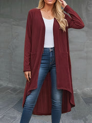  Solid Jacquard Open Front Cardigan With Pockets