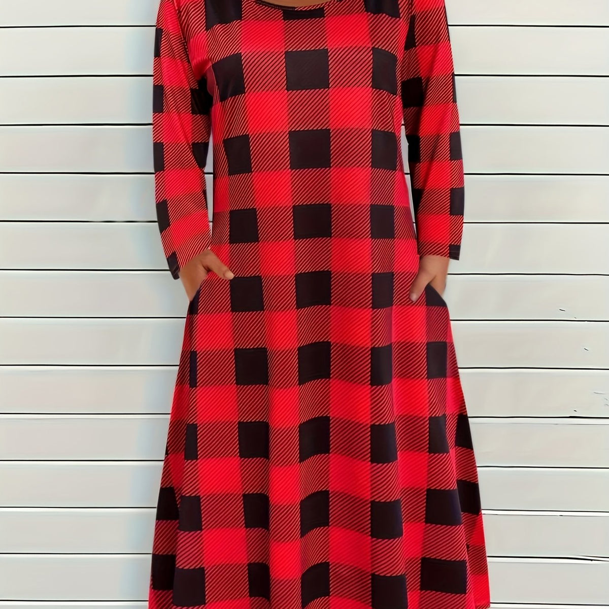 Women's Plus Gingham Print Long Sleeve Dress w/ Pockets
