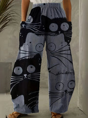  Funny Cat Print Wide Leg Pants with Pockets