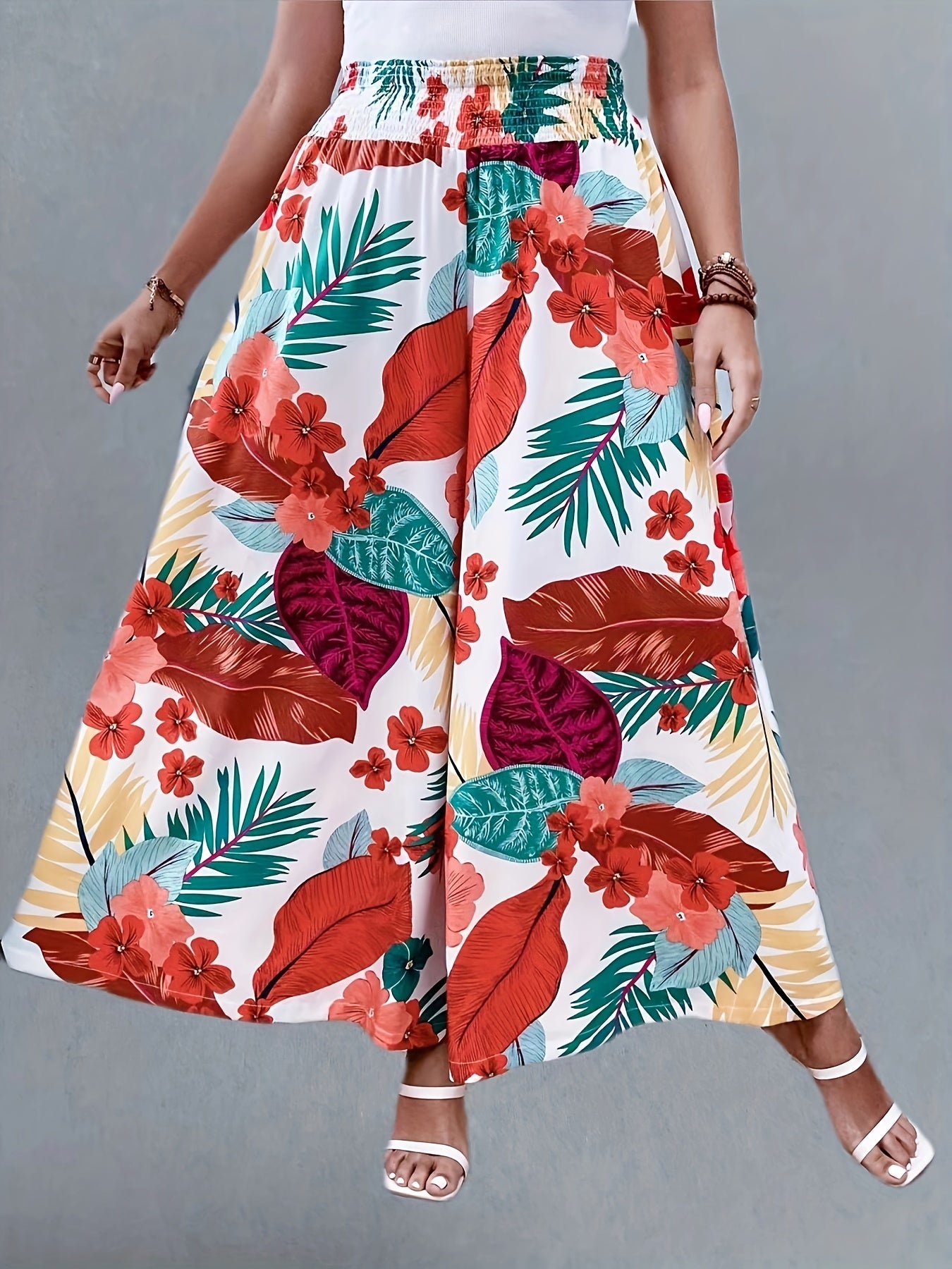 Tropical Print High Rise Wide Leg Trousers