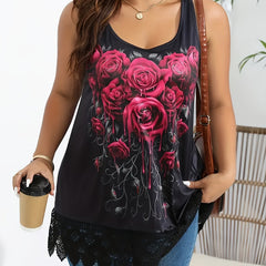 Rose Print Lace Trim Tank Top Sleeveless Summer Casual Women's Clothing
