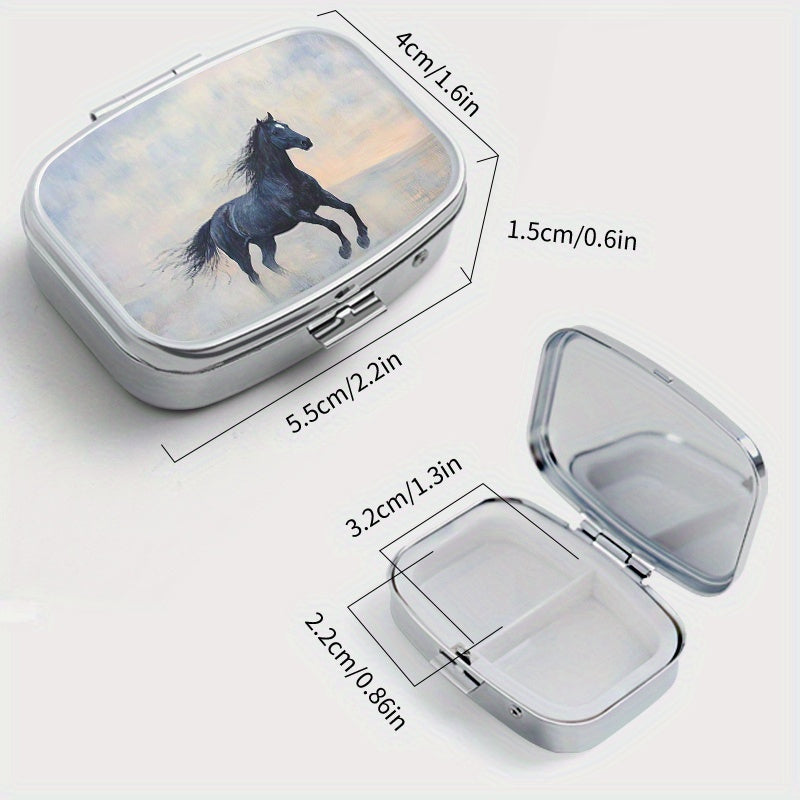 Portable Horse Print Pill Organizer 2 Compartment Metal Case for Travel