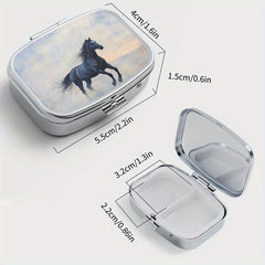 Portable Horse Print Pill Organizer 2 Compartment Metal Case for Travel