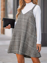  Plaid Print V Neck Mini Overall Dress