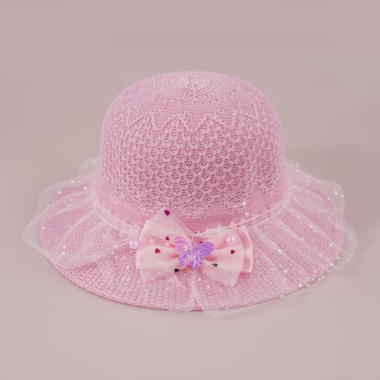 Girls Faux Pearl Bow Lace Hat Straw Sun Protection Kids Accessories