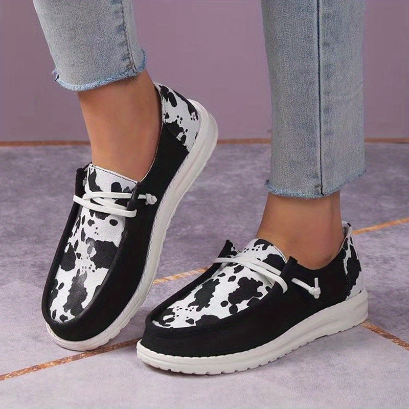 Women's Cow Pattern Canvas Shoes Casual Lace Up Outdoor Sneakers