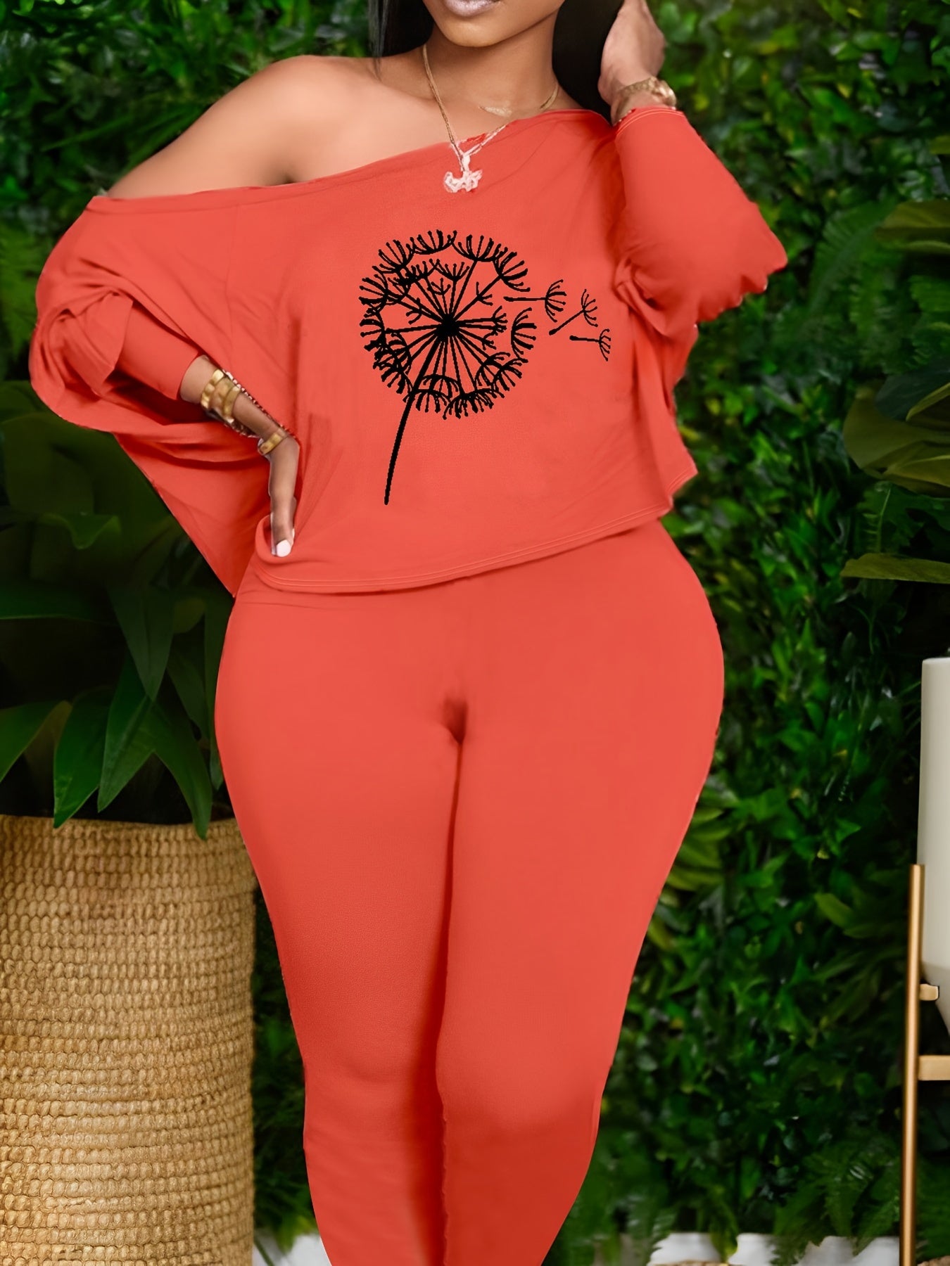  Dandelion Print One Shoulder Tunic Top & Leggings Set