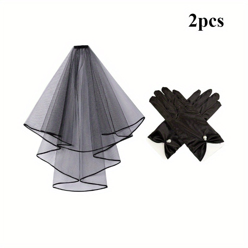 Bridal Veil Pearl Gloves Short Satin Edge Net Veil Wedding Bachelorette Party