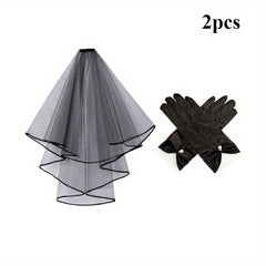 Bridal Veil Pearl Gloves Short Satin Edge Net Veil Wedding Bachelorette Party