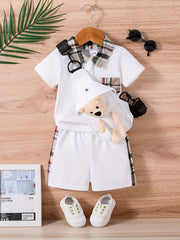Toddler Boys Casual Outfit Set with T-shirt, Shorts, and Bear Bag