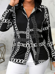  Chain Print Button Up Long Sleeve Blouse