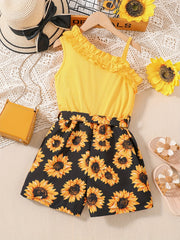 Girls Sunflower Pattern Ribbed Cami Romper Jumpsuit
