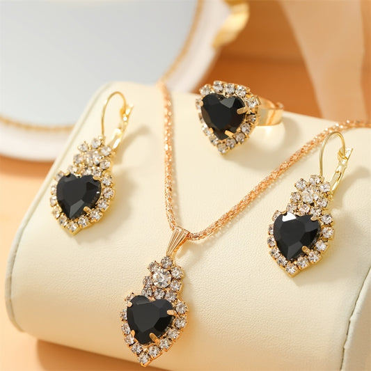 Heart Shape Pendant Jewelry Set Rhinestone Crystal Necklace Earrings Ring