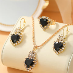 Heart Shape Pendant Jewelry Set Rhinestone Crystal Necklace Earrings Ring