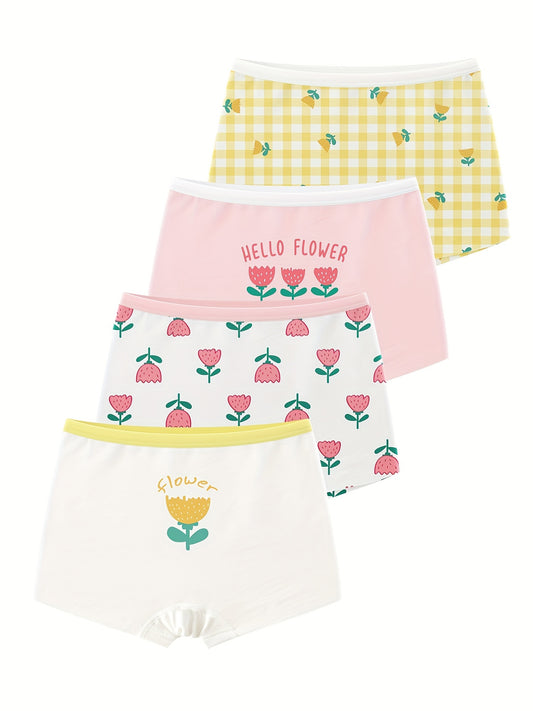 4 Pack Girls Boxer Briefs Kids Cotton Panties Soft Comfortable Flower Panties