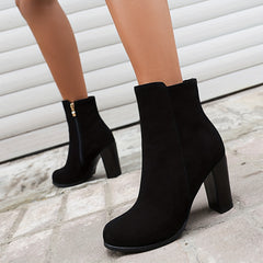 Women's Blocked Heel Ankle Boots Round Toe Side Zipper High Heels